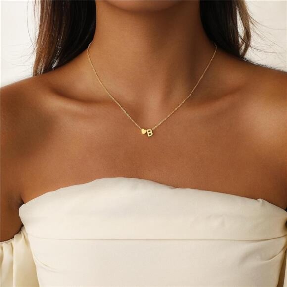 Gold Heart Initial Necklace 14K Gold Plated Letter Pendant Dainty Jewelry Gift - Picture 2 of 8